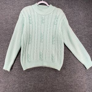 Vintage Donagain Sweater Womens L Mint Pullover Cable Knit Beaded Fisherman Boho